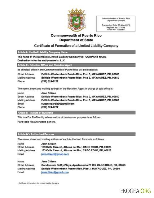 Certificat de constitution de société à responsabilité limitée de Porto Rico Modèle Word et PDF